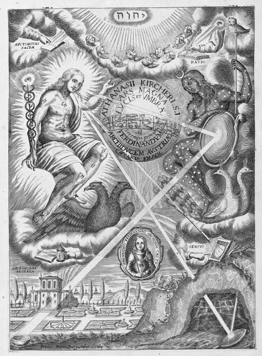 Frontispiece of Ars magna lucis et umbrae (1646), Athanasius Kircher, engraved by Petrus Miotte Burgundus.